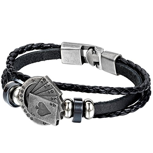 JewelryWe Schmuck Herren Armband, Royal Flush Poker Karte Ringe Geflochten Armreif, Legierung Leder, Schwarz Silber