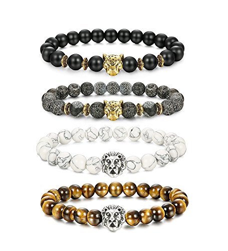 BESTEEL Schmuck 4Pcs Lava Rock Perlen Armbänder für Herren und Damen Armband Löwe Leopard Kopf Punk Set Elastisch 8mm