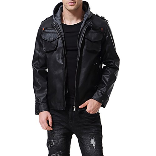 AOWOFS Herren Casual Lederjacke mit Kapuze Mode schwarze Jacke