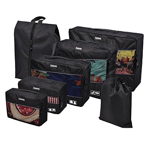 Tyhbelle Kleidertasche Packing Cubes Packwürfel im 7-teiligen Sparset Ultra-leichte Gepäckverstauer Ideal für Reise, Seesäcke, Handgepäck und Rucksäcke (7-teiliges Set, Schwarz)