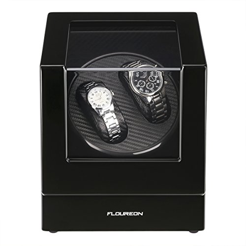 FLOUREON Uhrenbeweger Watch Winder für 2 Uhren Uhrenvitrine Uhrenbox Rectangle Mute Automatische Laufleise Sichtfenster elegantes Design schwarze Samtkissen schwarz