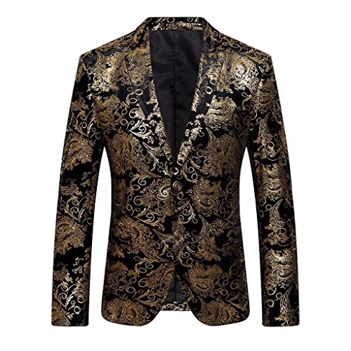 SUCES Modisch Herren Anzug Sakko Casual Anzugjacke Sakko gedrucktes Pattern Mehrfarbig Oberteil Lässig Slim Fit Knopf Anzug Tarnung Drucken Freizeit Blazerjacke Sakko Mantel Party (Gold, L)