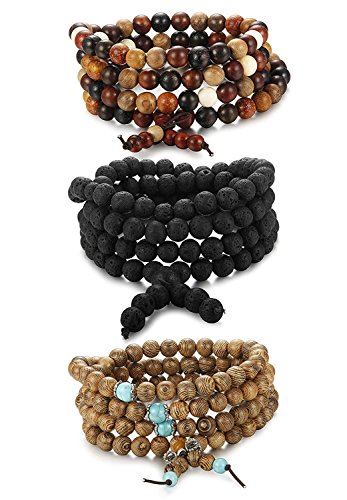 BE STEEL 3 Stück Armbänder Elastisch Herren Damen Buddha Mala Halskette Holz Armbänder Perlen Unisex 8mm Armbänder Set