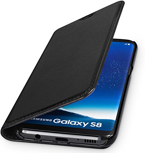 WIIUKA Echt Ledertasche -Travel- für Samsung Galaxy S8 mit Kartenfach, Extra Dünn, Tasche Schwarz Premium Design Leder Hülle