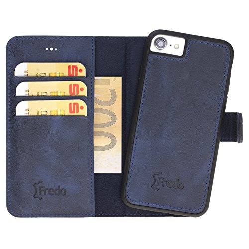 FREDO iPhone 7 / 8 Handyhüllen Premium echtes Leder Hülle – mit abnehmbarer – 2 in 1 – und dünne Schutzhüllen für Apple iPhone7 / 8 Handytasche / Cases mit Magnet / Navy Blau * HANDGEFERTIGT & MADE IN EUROPE *