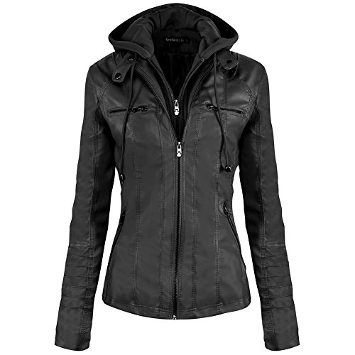 Newbestyle Jacke Damen Lederjacke Frauen mit Zip V Ausschnitt Kunstleder Bikerjacke Jacket Casual Übergangsjacke (Normale EU-Größe), Schwarz, L/42