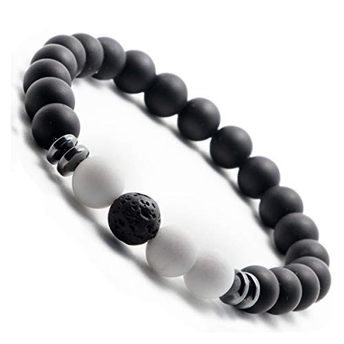 Tiefschwarzes Onyx-Perlen Armband für Herren | Männer Perlen Armband mit Lavastein | Perlen-Armband mit Naturstein (Dunkel-Braun) (Onyx White(Small 17-18cm))