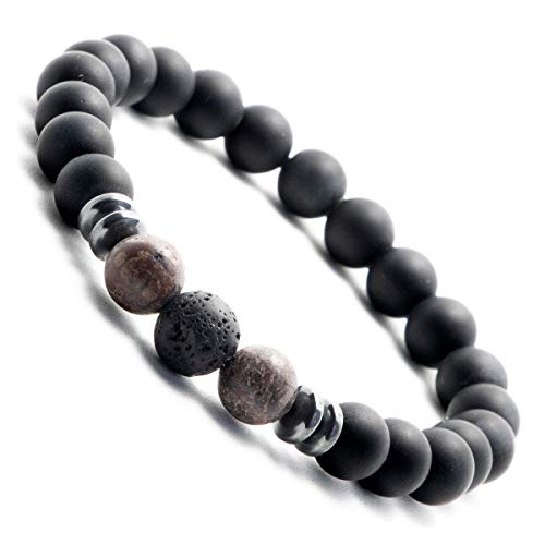 Tiefschwarzes Onyx-Perlen Armband für Herren | Männer Perlen Armband mit Lavastein | Perlen-Armband mit Naturstein (weitere Farben verfügbar) (Onyx brown (Small 17-18cm))