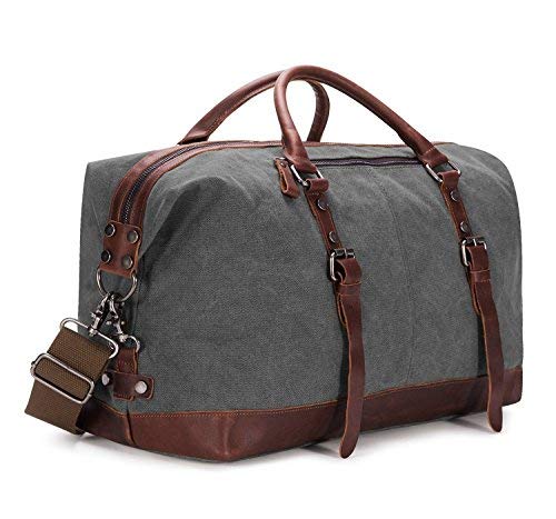 BAOSHA HB-14 Vintage Segeltuch Canvas PU Leder Unisex Handgepäck Reisetasche Sporttasche Weekender Tasche für Kurze Reise am Wochenend Urlaub Arbeitstasche 40 Liter Aktualisiert (Grau)