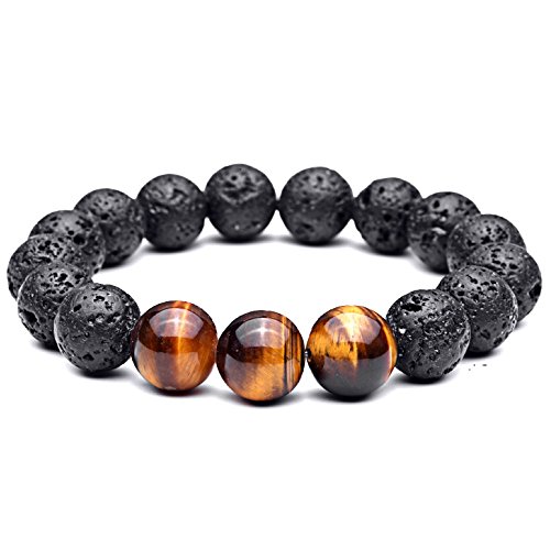 Jocalio Lion&Son Armband Edelstein Tigerauge Lava Herren Biker Buddha Stein Braun Schwarz Fashion Vintage Modeschmuck, Länge:18 cm