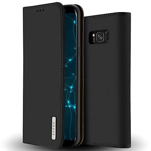 Radoo Galaxy S8 Hülle, Luxus Premium Echtes Leder Klapphülle Slim Lederhülle mit Standfunktion & Kartenfach TPU Innenraum Case Schlanke Ledertasche Handyhülle für Samsung Galaxy S8 (Schwarz)