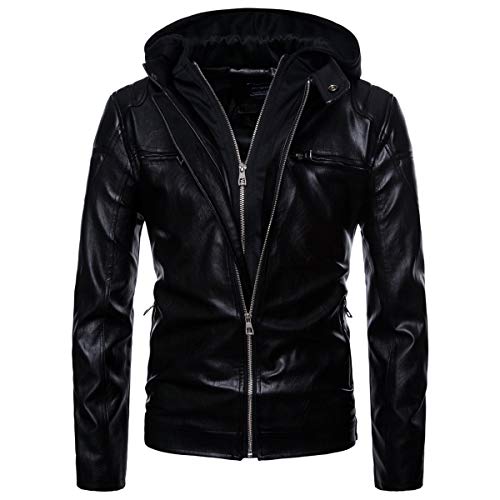 AOWOFS Herren Lederjacke mit Kapuze Slim Fit Kunstlederjacke Biker Modern Schwarz