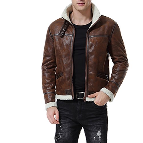 AOWOFS Herren Lederjacke mit Fell für Winter Kunstlederjacke mit Pelzkragen Braun