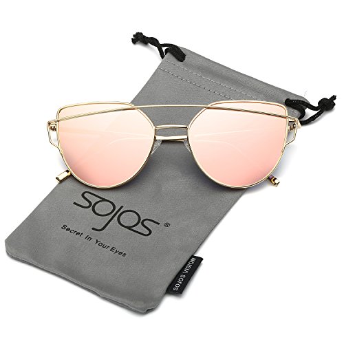 SOJOS Katzenauge Metall Rand Rahmen Damen Frau Mode Sonnenbrille Verspiegelt Linse Women Sunglasses SJ1001 mit Gold Rahmen/Rosa Linse