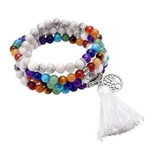 QGEM 108 Perlen Edelstein Yoga Armband Wickelarmabnd Chakra lebensbaum Buddha Buddhistische Tibetische Gebetskette Healing Reiki Mala Kette Halskette mit lebensbaum Anhänger