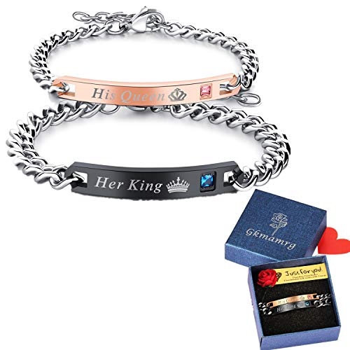 Gkmamrg EIN Paar Damen Herren Pärchen Armbänder, Edelstahl Panzerarmband mit Gravur His Queen und Her King Rosegold schwarz Silber