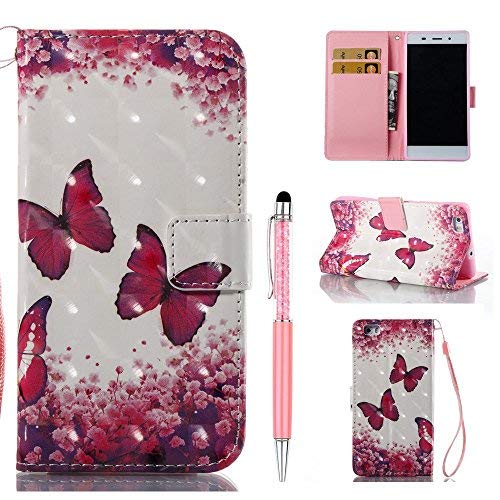 ZCRO Handytasche für Huawei P8 Lite 2015/2016, Leder Schutzhülle Brieftasche Hülle Flip Case 3D Muster Cover mit Kartenfach Magnet Tasche Handyhüllen für Huawei P8 Lite 2015/2016(Schmetterling Blume)