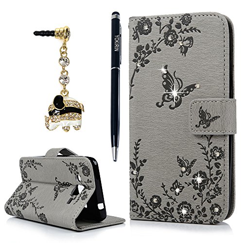 YOKIRIN J3 2016 Hülle Case, Samsung Galaxy J3 (2016 Version) Tashce Crystal Diamant Retro PU Leder Schutzhülle Handytasche Ständer Schmetterling Kreditkarten Halter Magnetische Handyhülle Grau