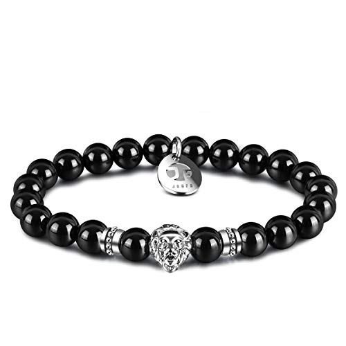 Lion Armband Herren, JOXFA Charm Armbänder Männer 8mm Onyx Perlen Runde Natursteinperlen Stretch Löwenkopfn Verstellbares Partner Freundschafts Perlenarmband | Luxury Herren Geschenk (sliver head)