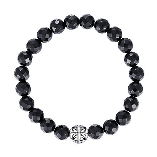 Natürliche 8 mm Edelsteine MetJakt Heilung Crystal Stretch Perlen Armband Armreif mit 925 Sterling Silber Double Happiness Anhänger (schwarz onyx)