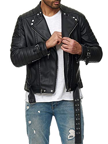 Red Bridge Herren Jacke Bikerjacke Kunst- Lederjacke Classic Biker Vintage Cut mit Gürtel M6072 Schwarz L