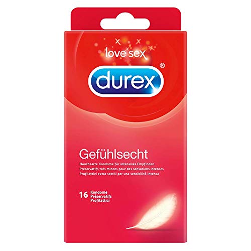 Durex Gefühlsecht Kondome – Hauchzarte Kondome für intensives Empfinden und innige Zweisamkeit – 16er Pack (1 x 16 Stück)