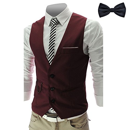 YaoDgFa Herren Weste Anzug + Fliege Smoking Sakko Anzugweste Herrenweste Herrenanzug slim fit Hochzeit feierlich Elegant, Wein Rot, XL