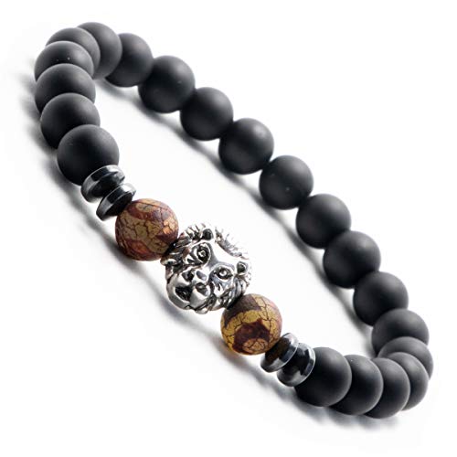 Chakra Armband | Energietherapie Armbänder für Damen und Herren | Perlen-Armband mit Jaspis Steinen | Chakra Onyx Perlen mit Löwenkopf (weitere Farben verfügbar) (Lion Landscape(Small 17-18cm))