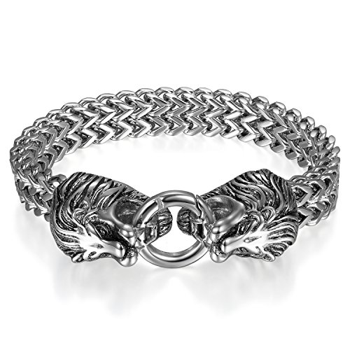 JewelryWe Schmuck Herren Armband, Gotik Biker Doppelt Löwen Kopf Panzerkette Königskette Armkette, Edelstahl, Farbe Silber