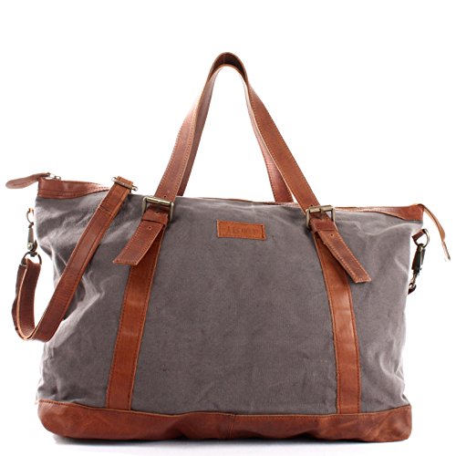 LECONI Weekender Canvas + Rinds-Leder Freizeittasche Reisetasche XL Shopper Damen + Herren Handgepäck Sporttasche Retro-Look 50x36x15cm grau LE2013-C