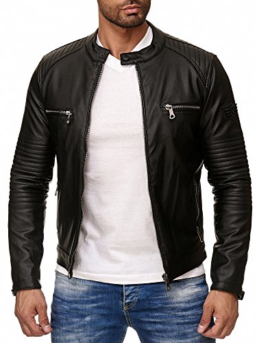 Reslad Kunstlederjacke Herren-Jacke Leder-Jacke Gesteppte Ärmel Übergangs-Jacke Männer Biker-Jacke RS-9015 Schwarz 2XL