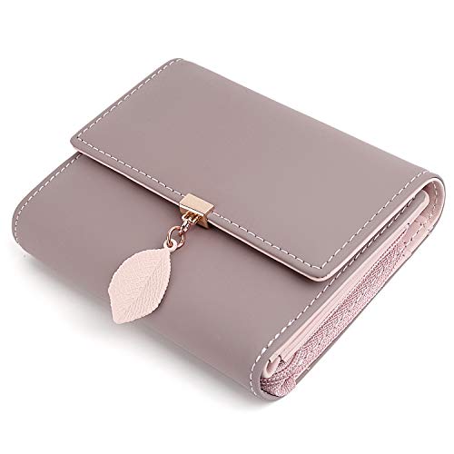 Geldbörse Damen Kleine Geldbeutel Damen UTO Blatt Anhänger PU Leder Brieftasche Organizer Mädchen Reißverschluss Pale Mauve2