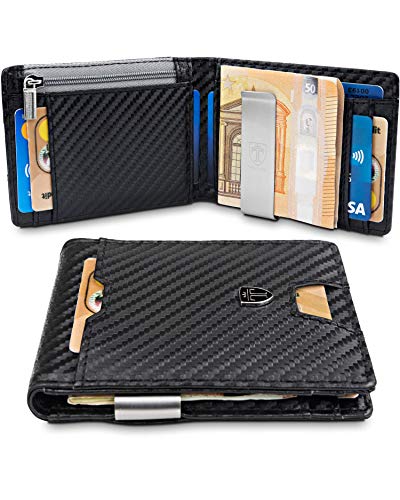 TRAVANDO Geldbeutel Männer mit Geldklammer New York Geldbörse Carbon Portmonaise Herren klein Kartenetui Slim Portemonnaie Wallet Geldtasche RFID Kreditkartenetui Brieftasche Portmonee Geldclip Etui