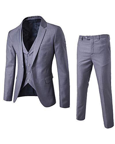 KasenA Herren Volltonfarbe Slim Fit 3 Stück Geschäft Anzüge Eine Taste Rauchfarben M