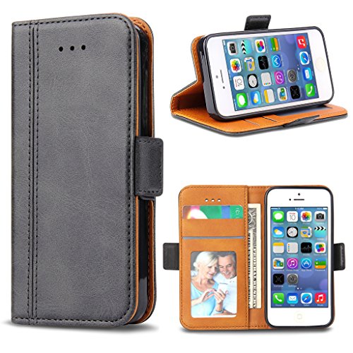 Bozon iPhone 5S Hülle, iPhone SE Hülle, iPhone 5 Hülle, Leder Tasche Handyhülle Flip Wallet Schutzhülle für iPhone 5/ SE/ 5S mit Ständer und Kartenfächer/Magnetic Closure (Dunkel-Grau)