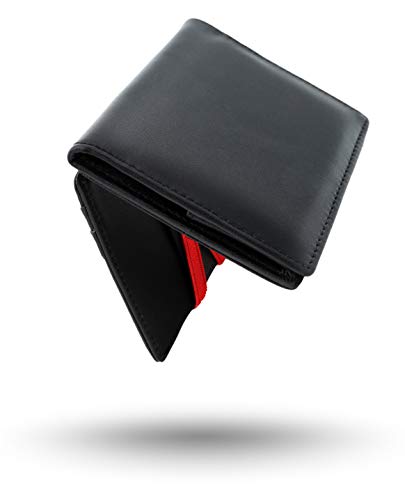 Geldbeutel Herren | Magic Wallet mit Münzfach | RFID/NFC-Blocker | Schwarzes Leder mit roten Bändern