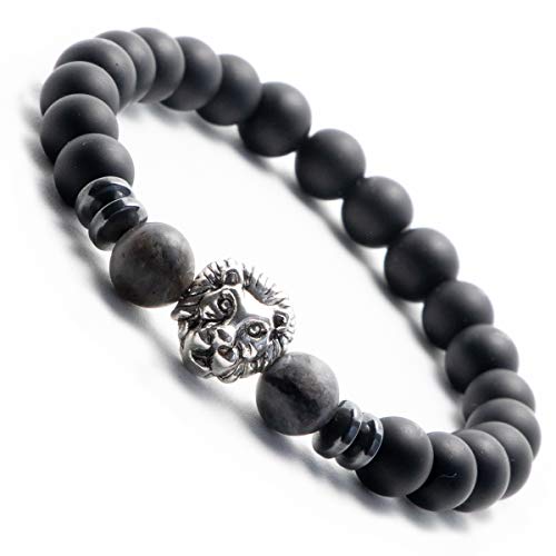 Chakra Armband | Energietherapie Armbänder für Damen und Herren | Perlen-Armband mit Jaspis Steinen | Chakra Onyx Perlen mit Löwenkopf (weitere Farben verfügbar) (Lion Grey((Medium 20-21cm))