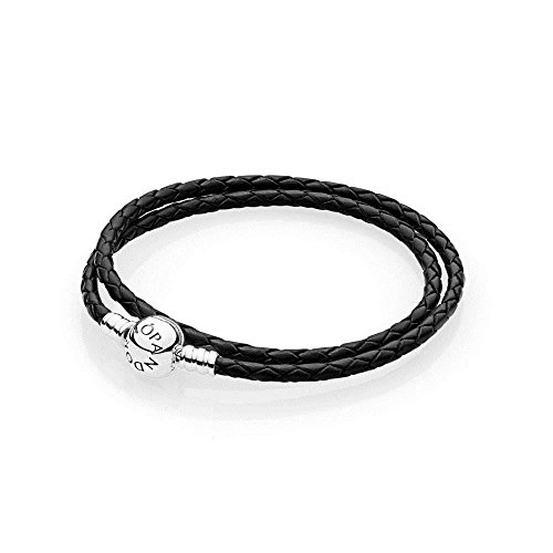 Pandora Moments Armband, schwarzes Leder, zweifach gewickelt, Sterling Silber 590745CBK-D2