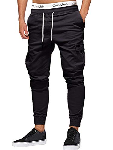 Onsoyours Herren Jogger Cargo Herren Chino Multi-Tasche Slim Fit Cargohose Jogger Hose Freizeithose Streetwear für Herbst Winter Z4 Schwarz Small