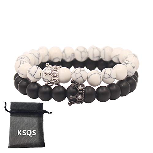 UEUC Armband mit CZ Kronen König und Königin schwarz Matte und weiß Howlite 8 mm Beads Armband