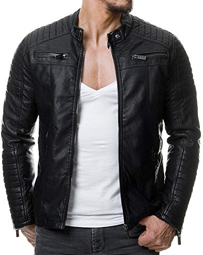 Redbridge Herren Jacke Übergangsjacke Biker Lederjacke Echtleder Kunstleder Baumwolle mit Gesteppten Bereichen, Schwarz – Kunstleder, M