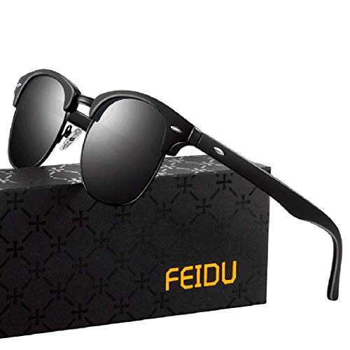 FEIDU Halbrahmen Polarisierte Klassische Metall Sonnenbrillen Herren-Retro Polarisierte Sonnenbrille Damen FD 3031 (all/schwarz-matte-schwarz, 2.04)