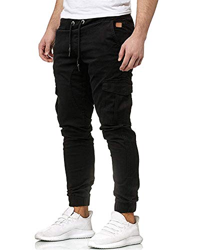 BUDERMMY Herren Hose Jogger Cargo Hosen Stretch Sporthose Jogginghose Basic Slim Fit Freizeithose Jeans, Schwarz, XL