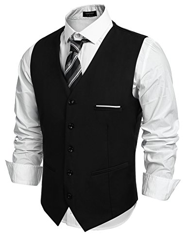 COOFANDY Herren Weste Anzugweste Slim fit V-Ausschnitt Ärmellose mit 5 Knöpfen Gilet Business Casual Klassisch Basic Männer Anzugweste für Herren (Schwarz, L)