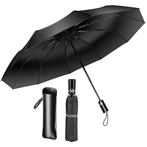 Soafiya Regenschirm Schirm Taschenschirm Windproof Sturmfest（bis 140 km/h）Regenschirm Sturmfest mit Auf-Zu-Automatik 210T Umbrella Wasserabweisend Klein Leicht Kompakt 10 Ribs Automatischer Tas