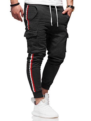 behype. Herren Lange Cargo Trainingshose Jogging-Hose Sport-Hose Stripe 60-8100 Dunkelgrau L