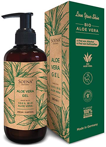 Aloe Vera Gel mit 100% Bio Aloe Vera | Frei von Alkohol & Parfüm | NATURKOSMETIK | Tierversuchsfrei | Feuchtigkeitspflege von SoenaNaturals | After Sun – 250ml – Made in Germany