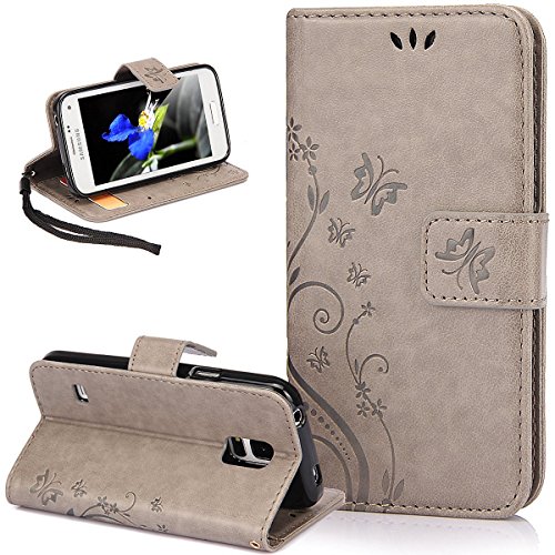 Kompatibel mit Galaxy S5 Hülle,Galaxy S5 Neo Hülle,Malerei Schmetterling Muster PU Lederhülle Flip Hülle Cover Schale Stand Ständer Etui Karten Slot Wallet Tasche Case Schutzhülle für Galaxy S5,Grau