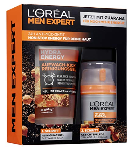 L'Oréal Men Expert Hydra Energy Geschenkset, für Männer 24H Feuchtigkeitspflege mit Guarana (50 ml) und Waschgel (150 ml) für die tägliche Gesichtspflege