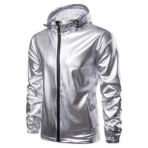 Hffan Herren Einfarbig Metallisches Silber Mantel Jacke Langarm Übergangsjacke Biker Kapuzenjacke Jacken Coat Jacke Outwear Sportjacke Winterjacke Herrenjacke(Silber,Medium)